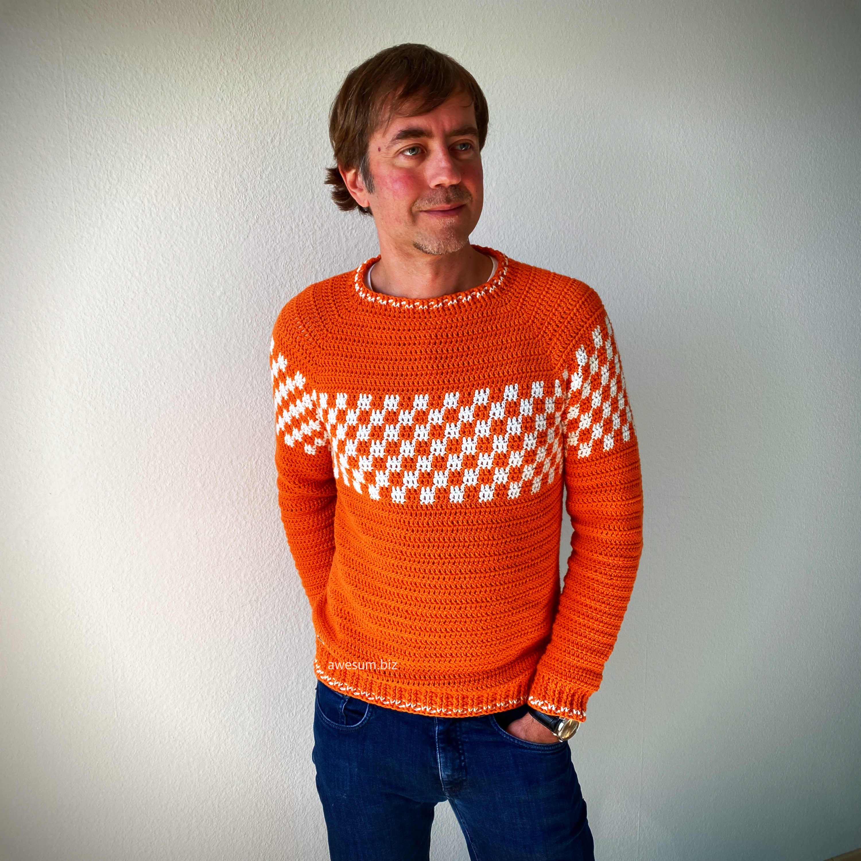 awesum crochet orange men's crochet jersey white checkered casual look