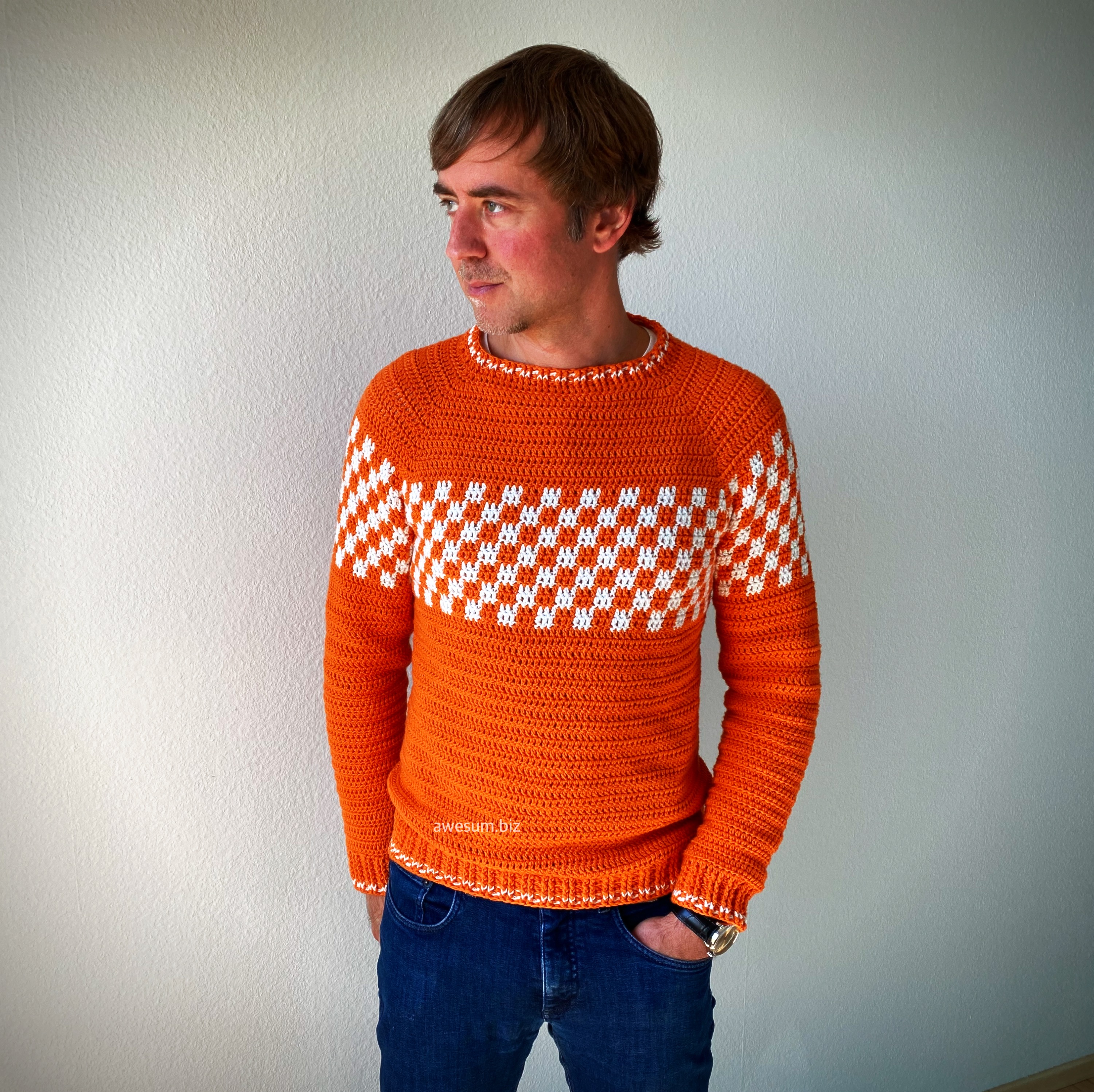awesum crochet orange men's crochet jersey white checkered makes you a dressman