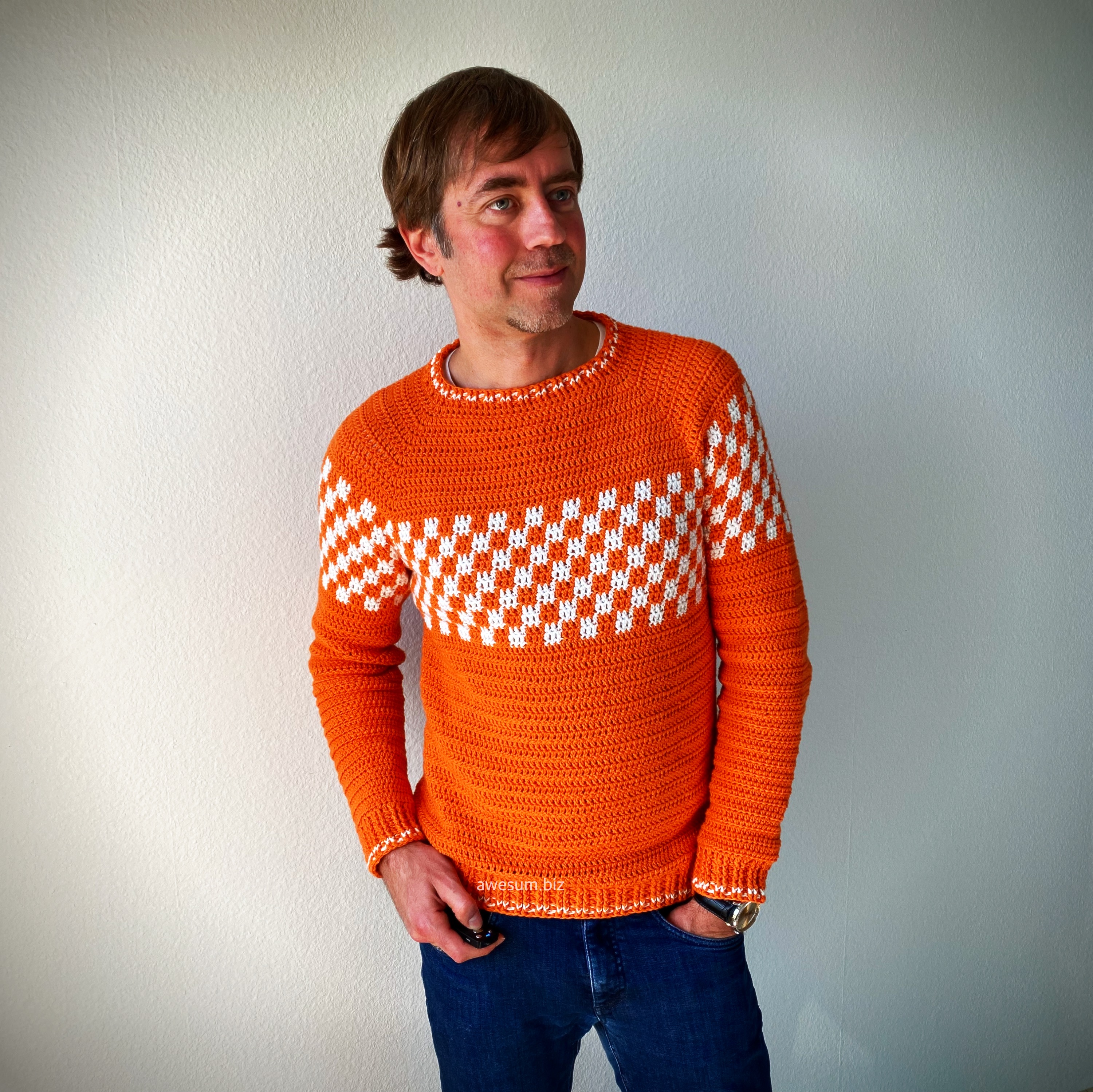 awesum crochet orange men's crochet jersey white checkered with underarm bridges