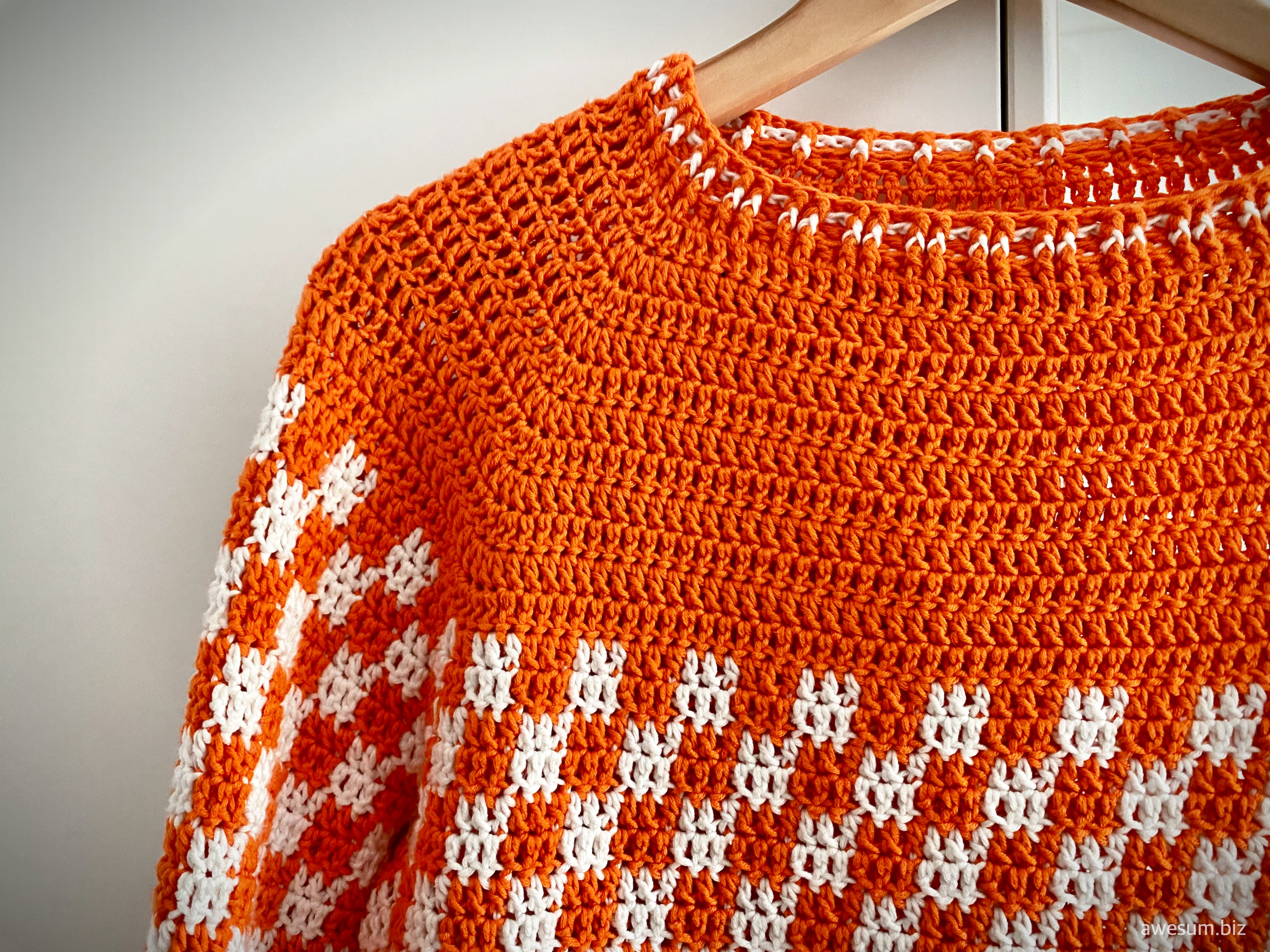 awesum crochet orange men's crochet jersey white checkered increases form Raglan sleeves